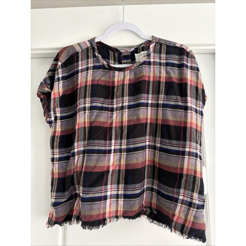 Anthropologie Cloth & Stone Mallory Top Short Sleeve Plaid Frayed Hem Size L
